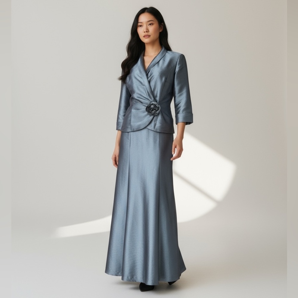 Alex Evenings Shimmering Smoky Blue Maxi Skirt Set